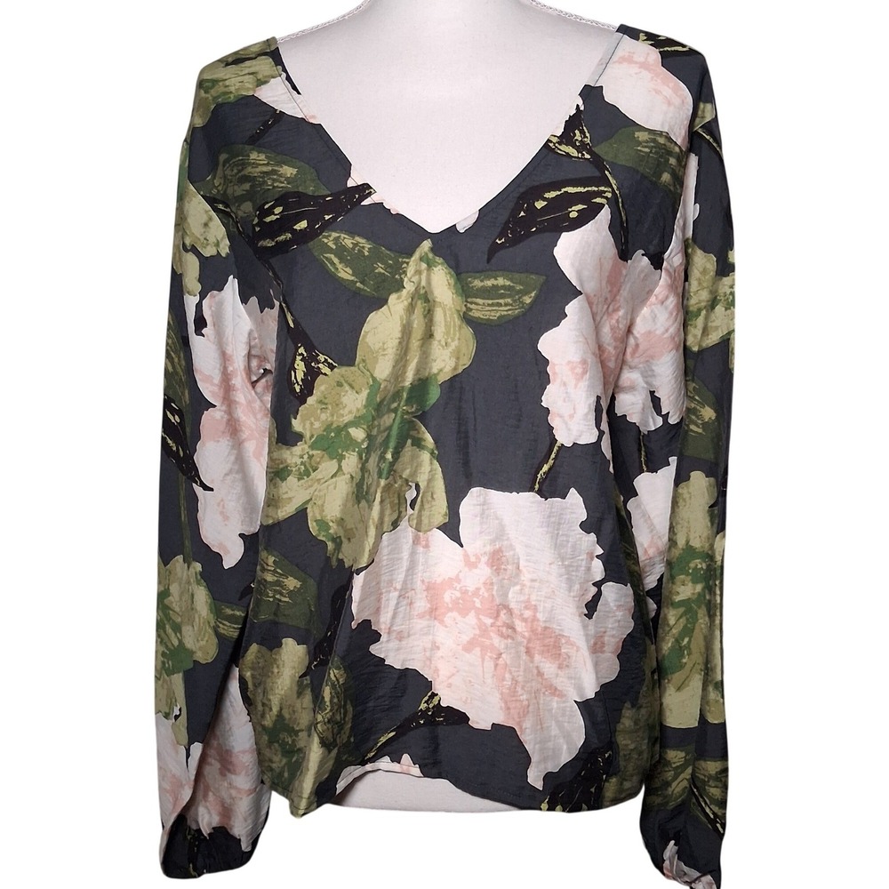 NEW Ann Taylor Factory Floral V-Neck Blouse S Long Sleeve Back Tie Charcoal Pink
